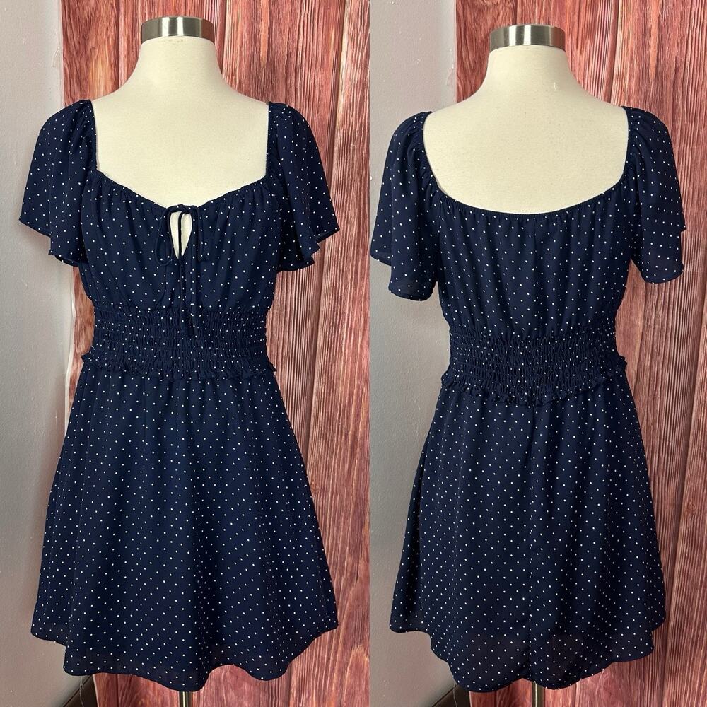 Trixxi Milkmaid Coquette Mini Babydoll Dress Size Medium Navy Blue Polka Dot